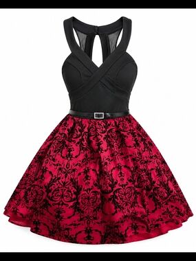 Crystal Doll Black & Red Damask Fit-and-Flare Mini Dress